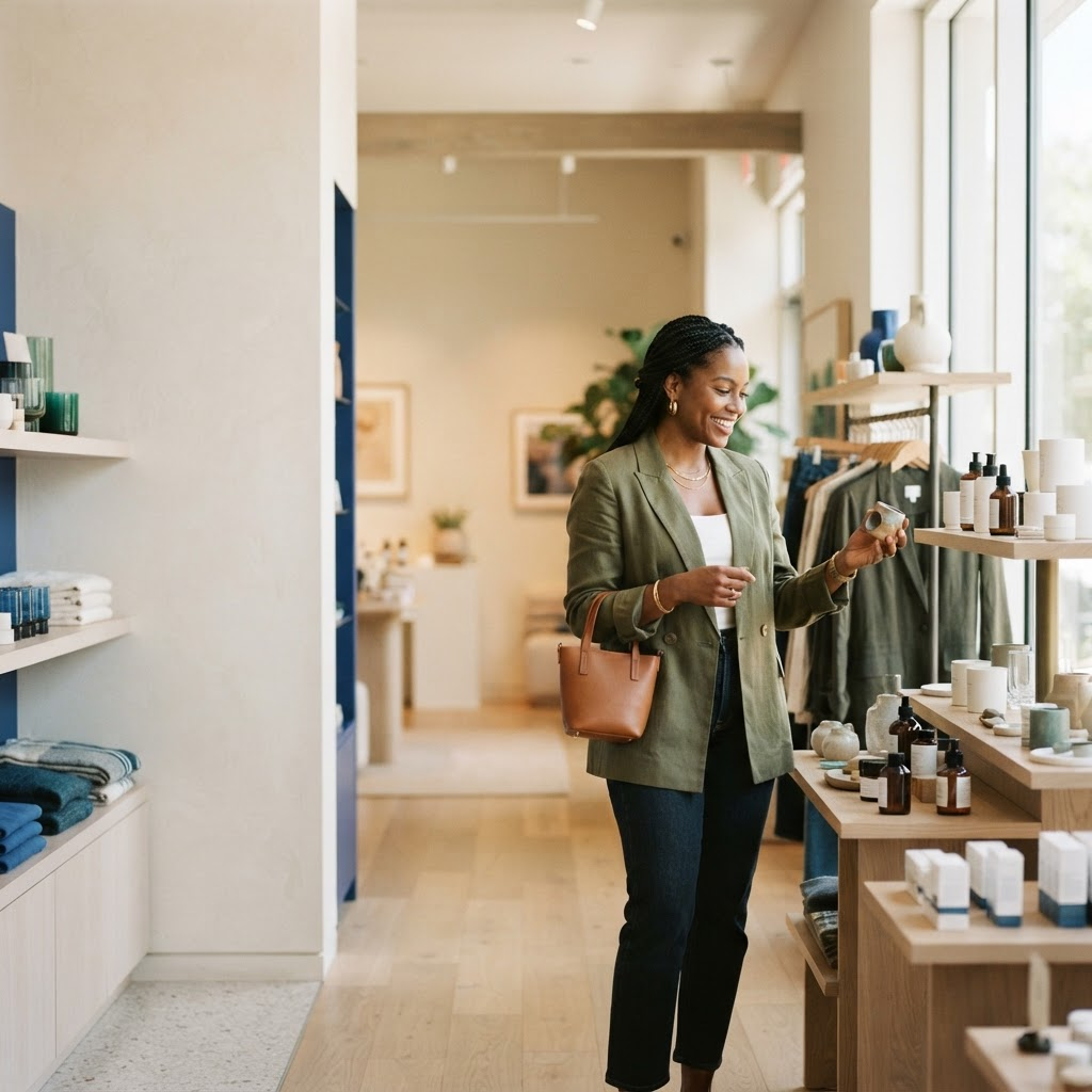 Shopper exploring curated products in a modern retail gallery